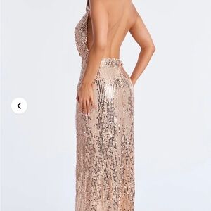 Backless Sequin Gown in Rose Metallic